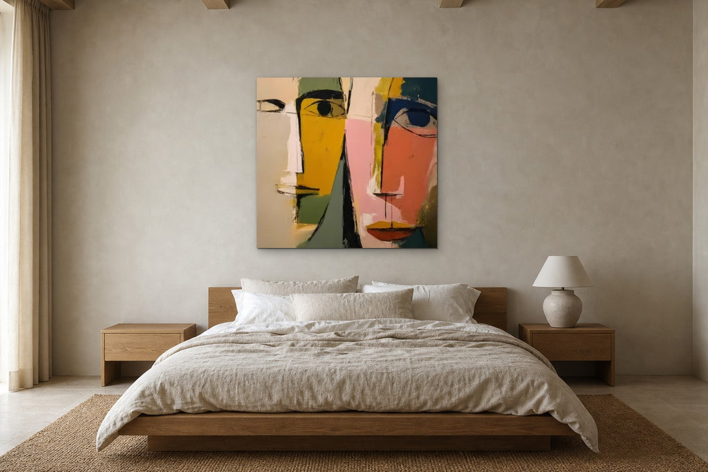 Two Faces shown at 120 × 120 cm above a 180 cm oak bed