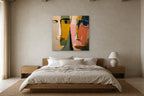 Two Faces shown at 120 × 120 cm above a 180 cm oak bed