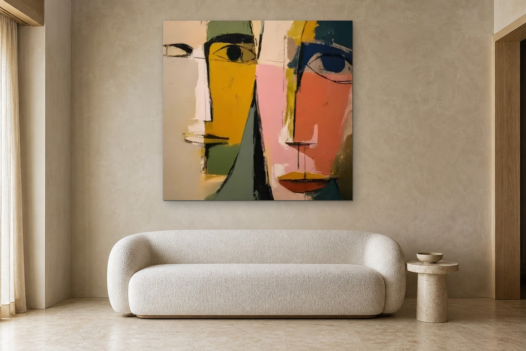 Two Faces shown at 140 × 140 cm above a 220 cm boucle sofa