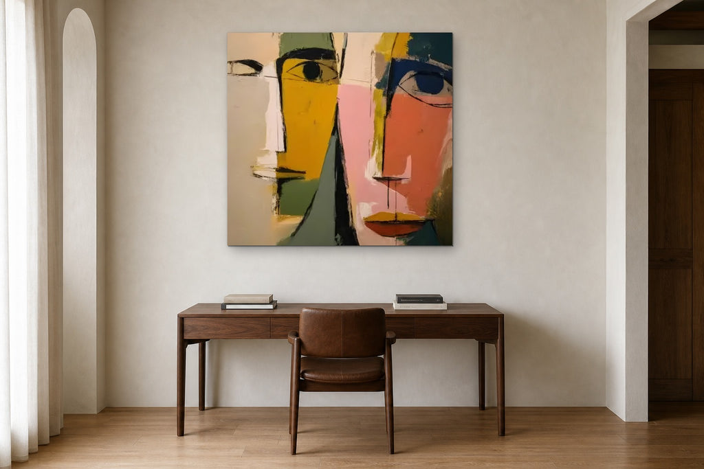 Two Faces shown at 110 × 110 cm above a 160 cm walnut desk
