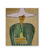Lady in a Lilac Hat, figurative abstract painting shown straight on