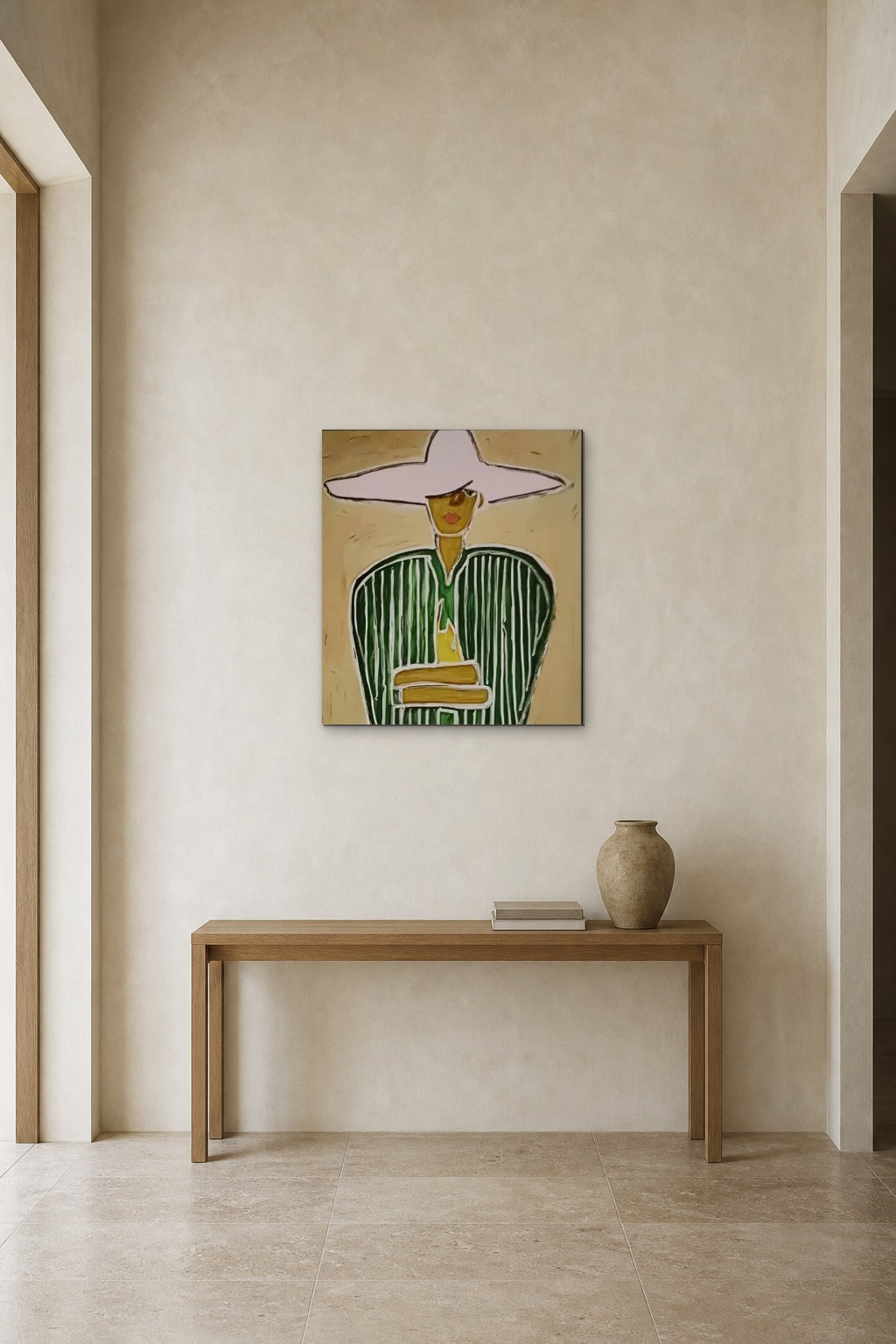 Lady in a Lilac Hat shown about 70 cm wide above a 140 cm oak console