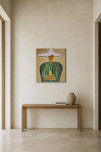 Lady in a Lilac Hat shown about 70 cm wide above a 140 cm oak console