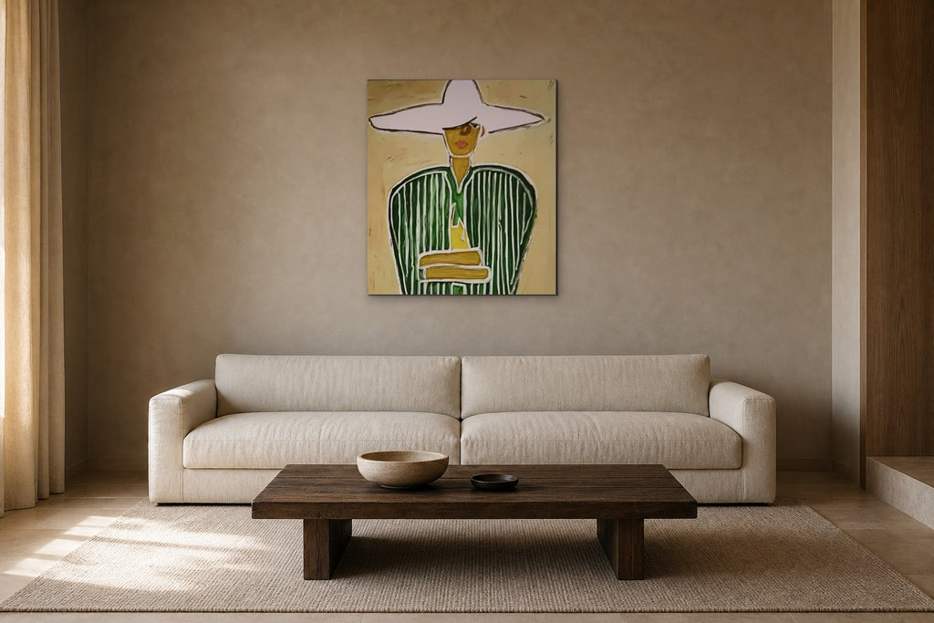 Lady in a Lilac Hat shown about 70 cm wide above a 230 cm linen sofa