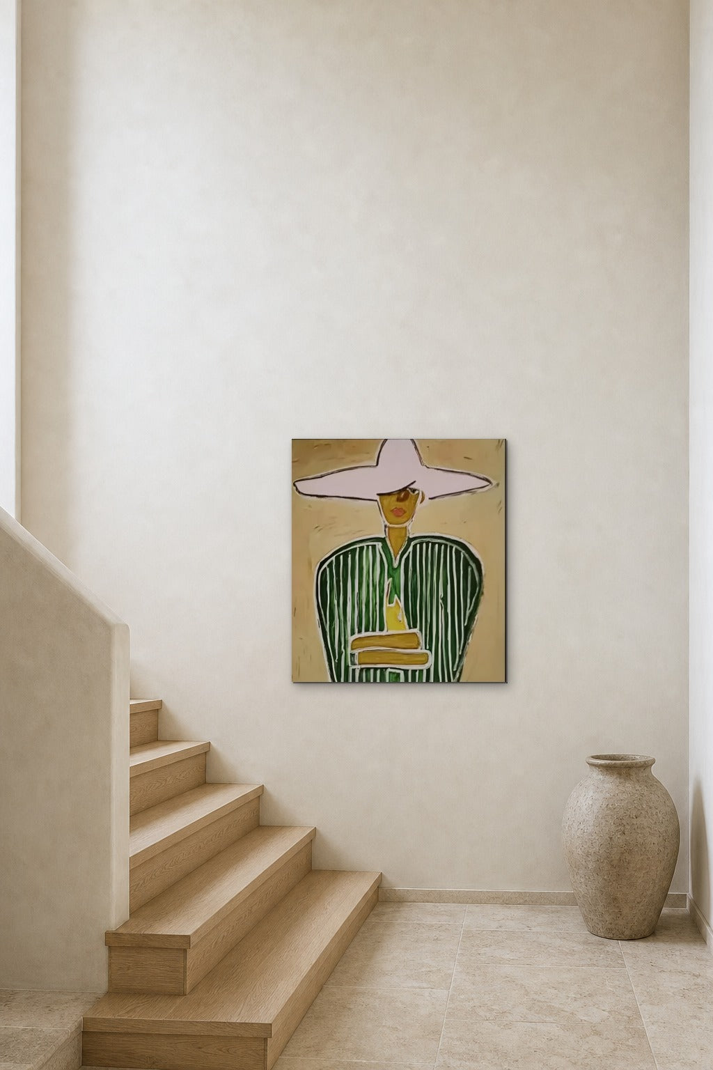 Lady in a Lilac Hat shown about 70 cm wide above a stair landing