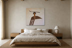Woman with a Branch shown at 120 × 120 cm above a 180 cm oak bed