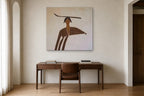 Woman with a Branch shown at 110 × 110 cm above a 160 cm walnut desk