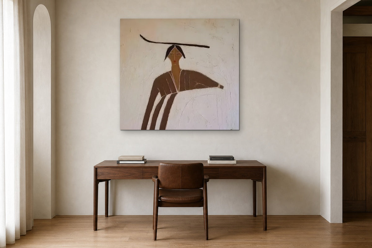 Woman with a Branch shown at 110 × 110 cm above a 160 cm walnut desk
