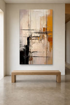 Ochre Grid shown at 120 × 210 cm above a 180 cm oak bench