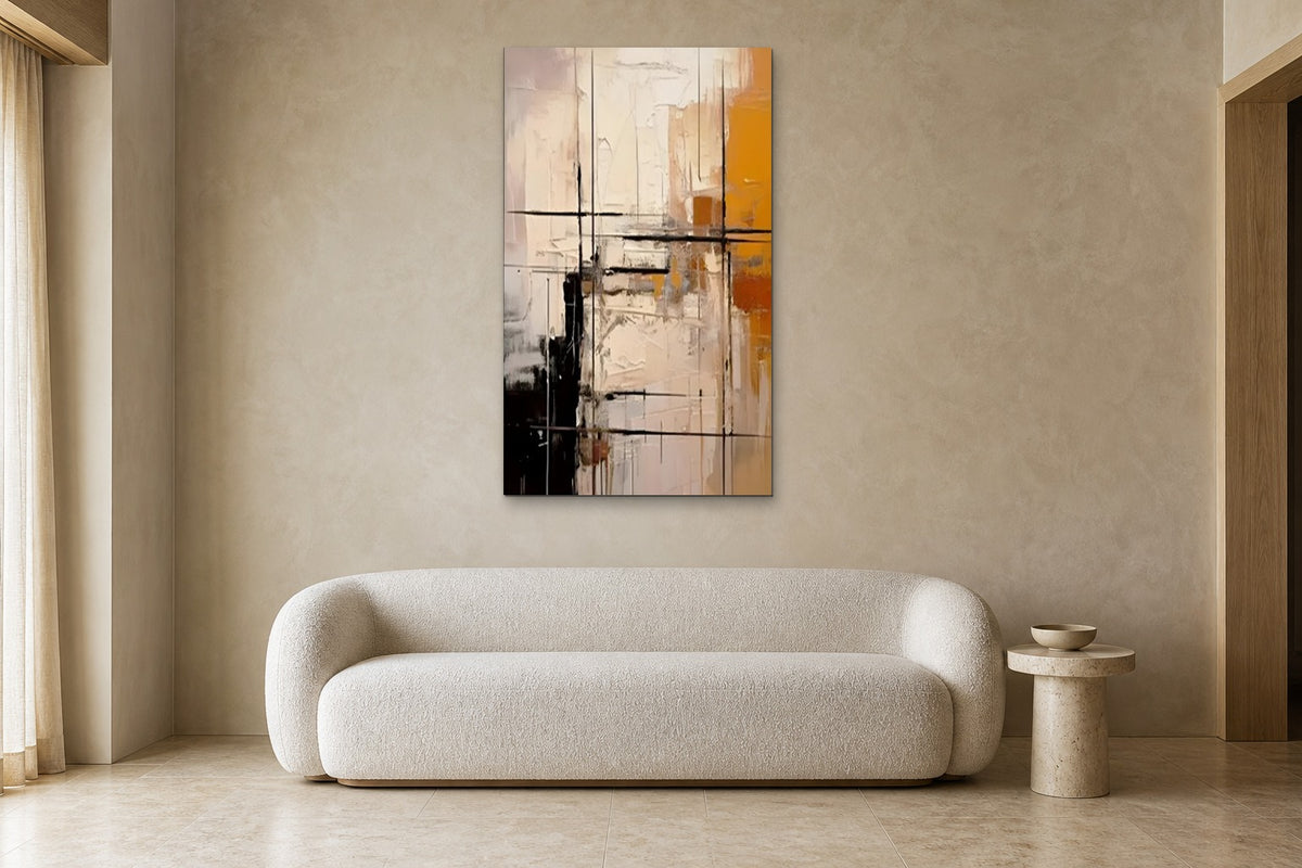 Ochre Grid shown at 80 × 130 cm above a 220 cm boucle sofa