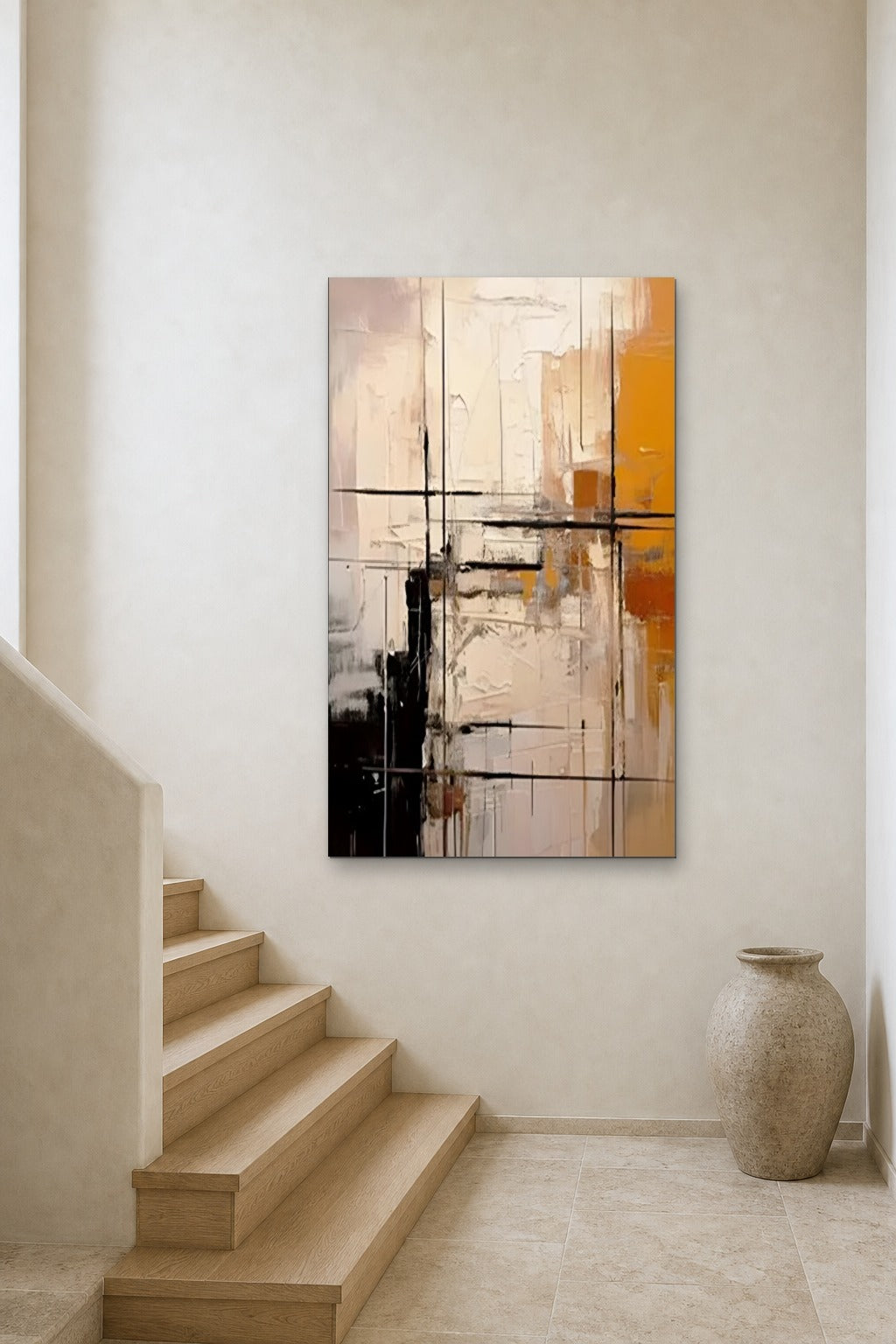 Ochre Grid shown at 90 × 150 cm above a stair landing