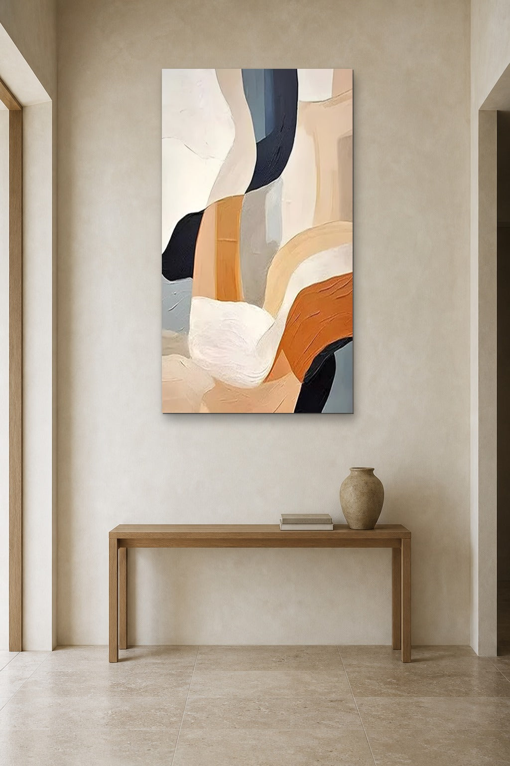 Flowing Forms shown at 90 × 150 cm above a 140 cm oak console