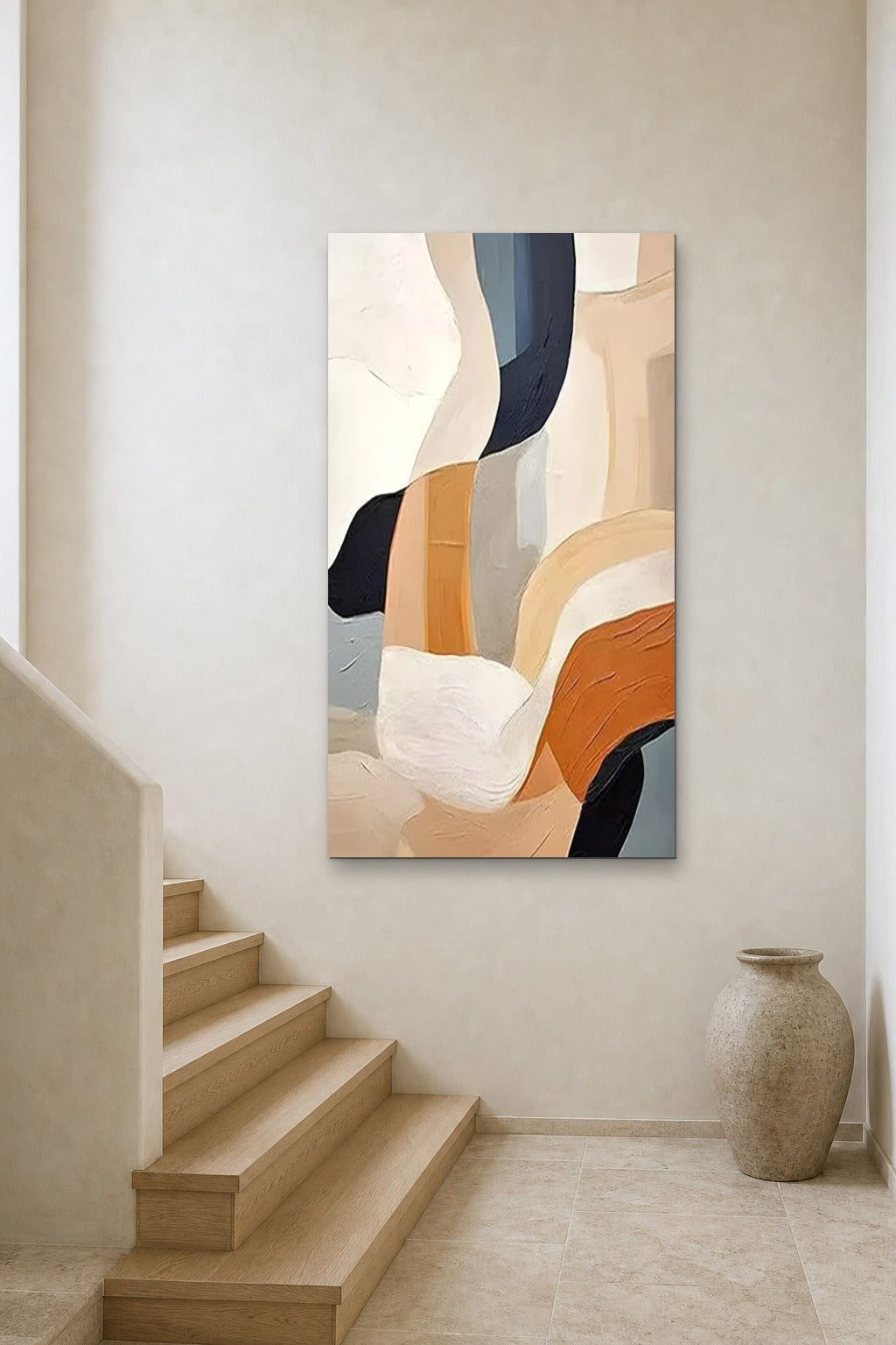 Flowing Forms shown at 90 × 150 cm above a stair landing