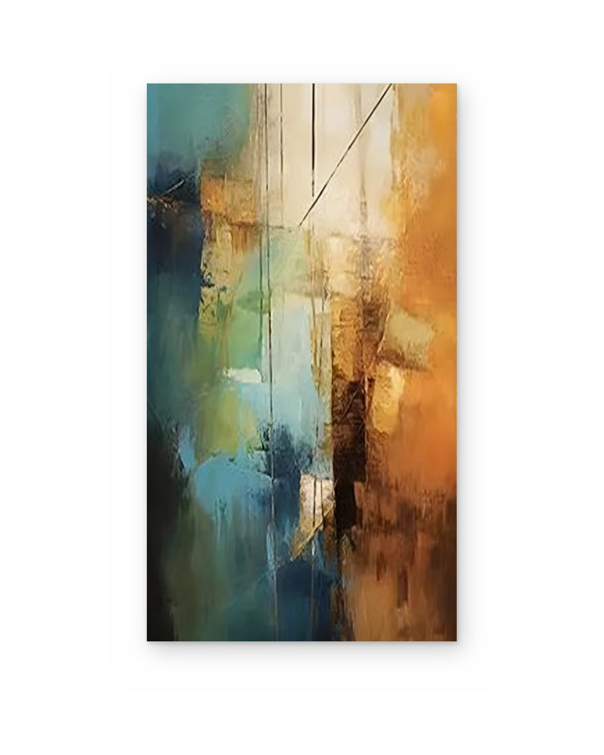 Amber and Teal, textured abstract painting shown straight on