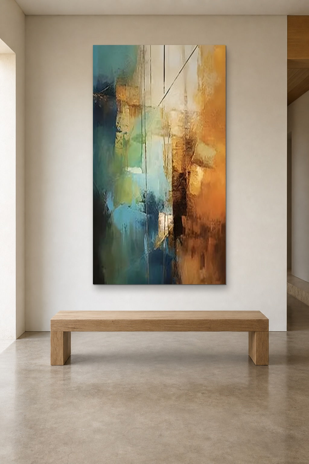 Amber and Teal shown at 110 × 180 cm above a 180 cm oak bench