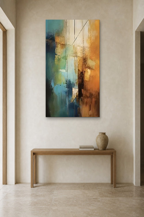 Amber and Teal shown at 90 × 150 cm above a 140 cm oak console