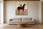 Red Rider shown at 110 × 110 cm above a 240 cm linen sofa