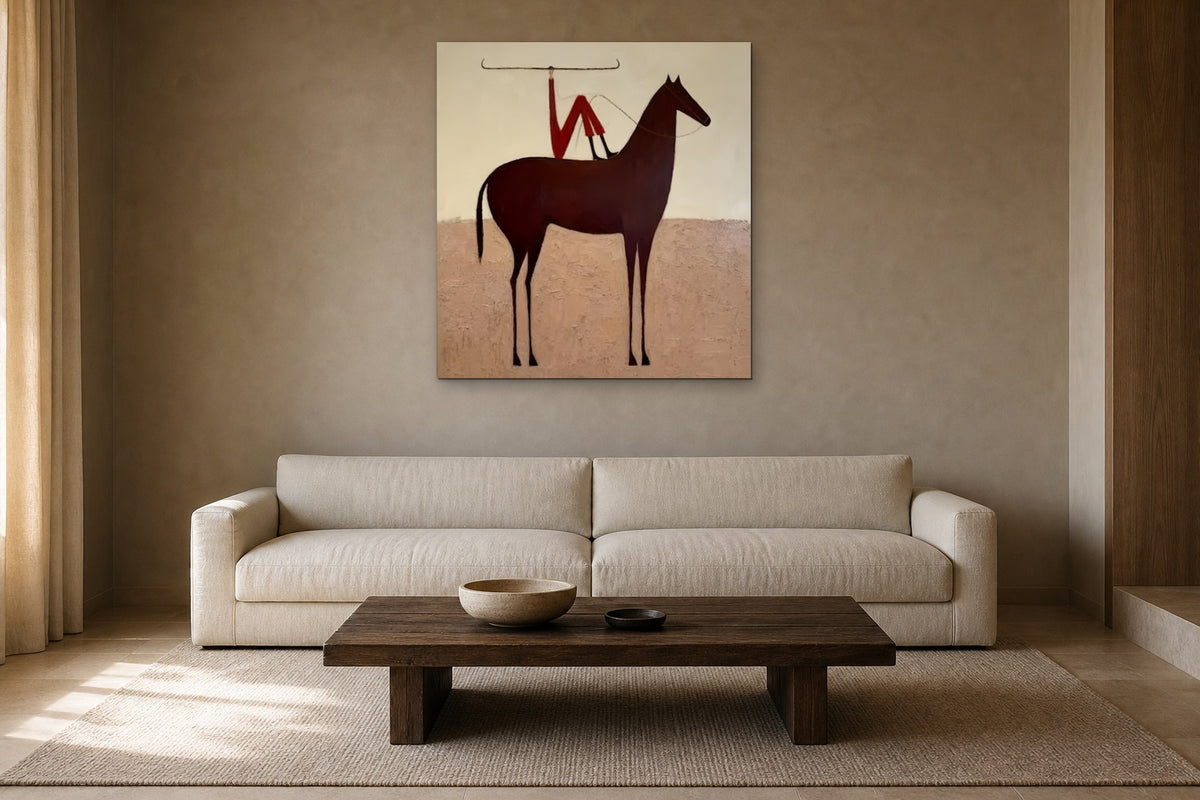 Red Rider shown at 90 × 90 cm above a 230 cm linen sofa