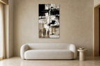 Black and White Study shown at 80 × 120 cm above a 220 cm boucle sofa