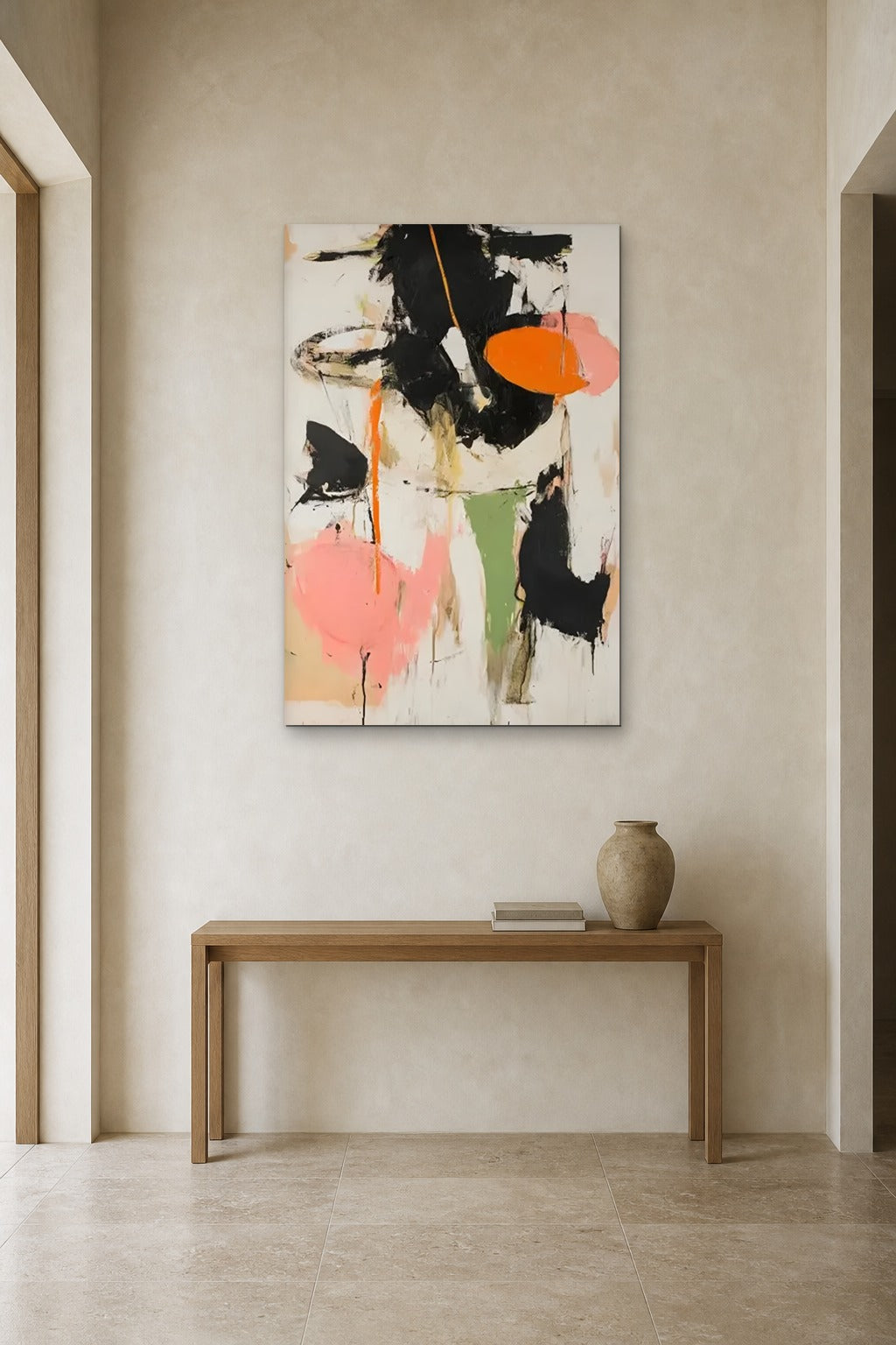 Orange Moon shown at 90 × 130 cm above a 140 cm oak console