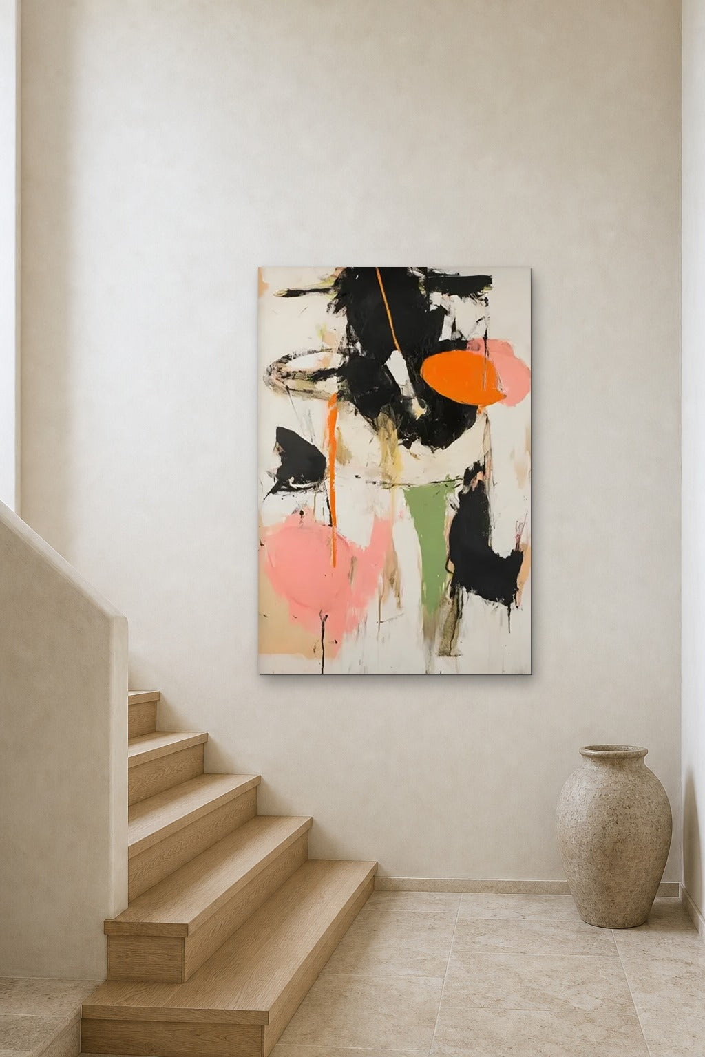 Orange Moon shown at 90 × 130 cm above a stair landing