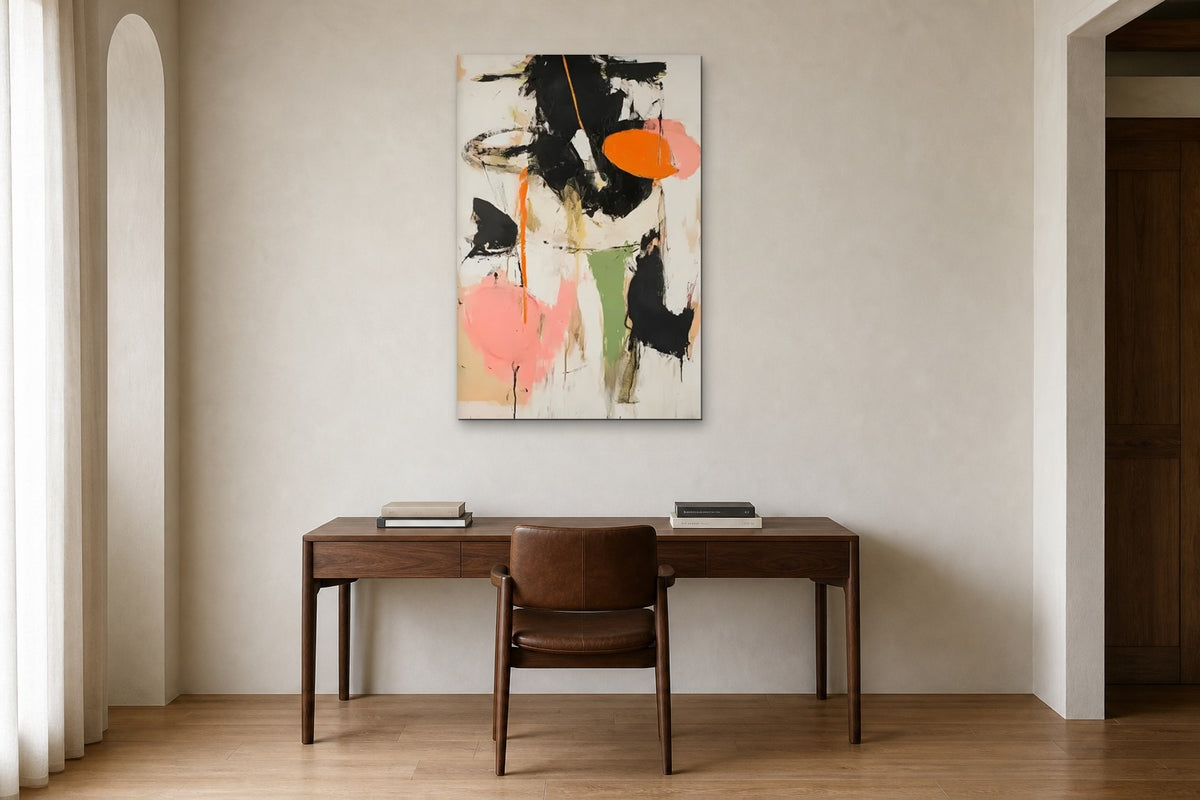 Orange Moon shown at 70 × 100 cm above a 160 cm walnut desk