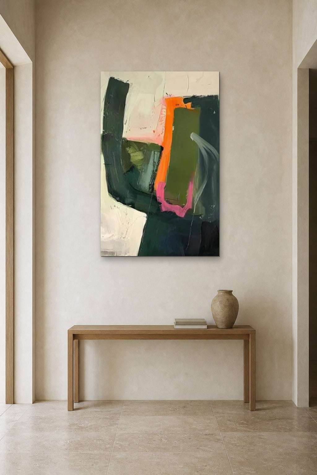 Green Arch shown at 90 × 130 cm above a 140 cm oak console