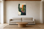 Green Arch shown at 70 × 110 cm above a 240 cm linen sofa