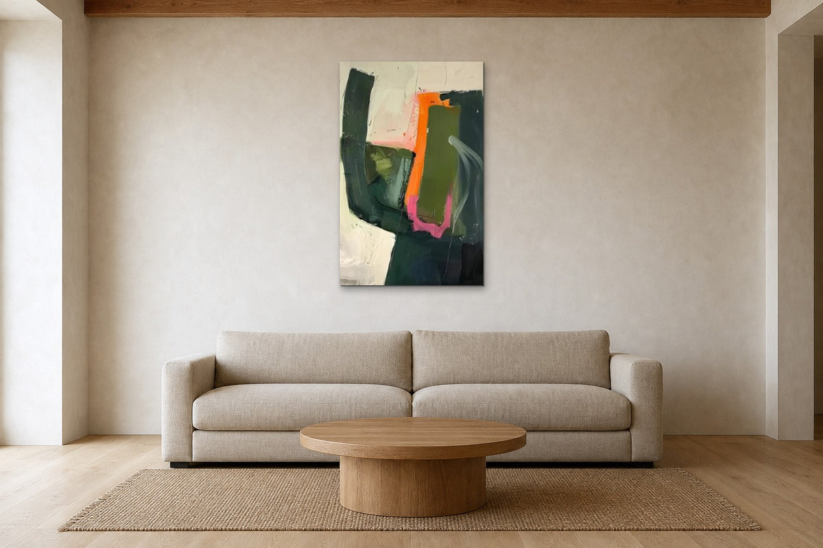 Green Arch shown at 70 × 110 cm above a 240 cm linen sofa