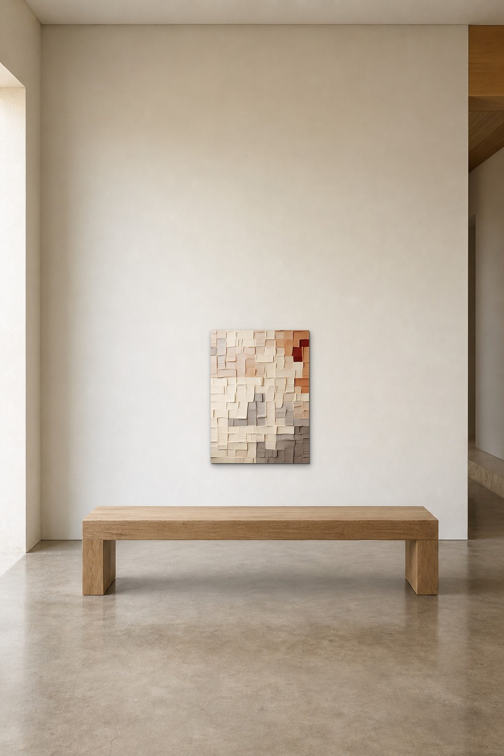 Paper Tiles shown at 50 × 70 cm above a 180 cm oak bench