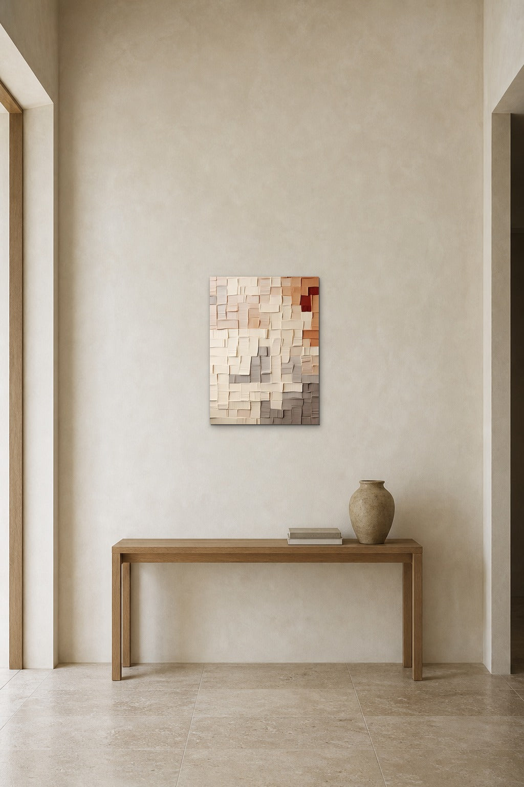 Paper Tiles shown at 50 × 70 cm above a 140 cm oak console