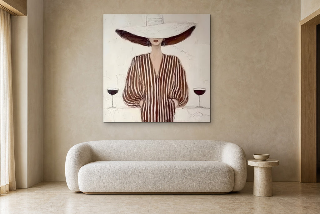 Wine for Two shown at 130 × 130 cm above a 220 cm boucle sofa