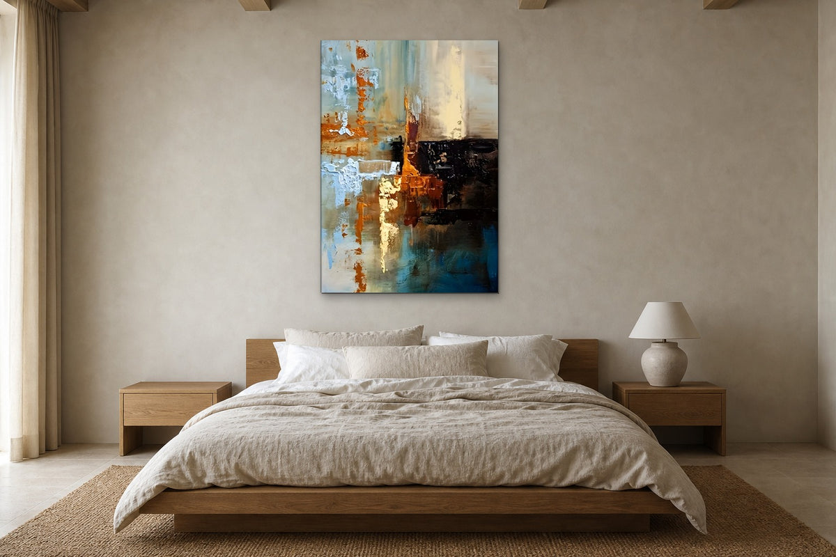 Copper and Sky shown at 100 × 150 cm above a 180 cm oak bed