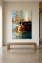 Copper and Sky shown at 120 × 180 cm above a 180 cm oak bench