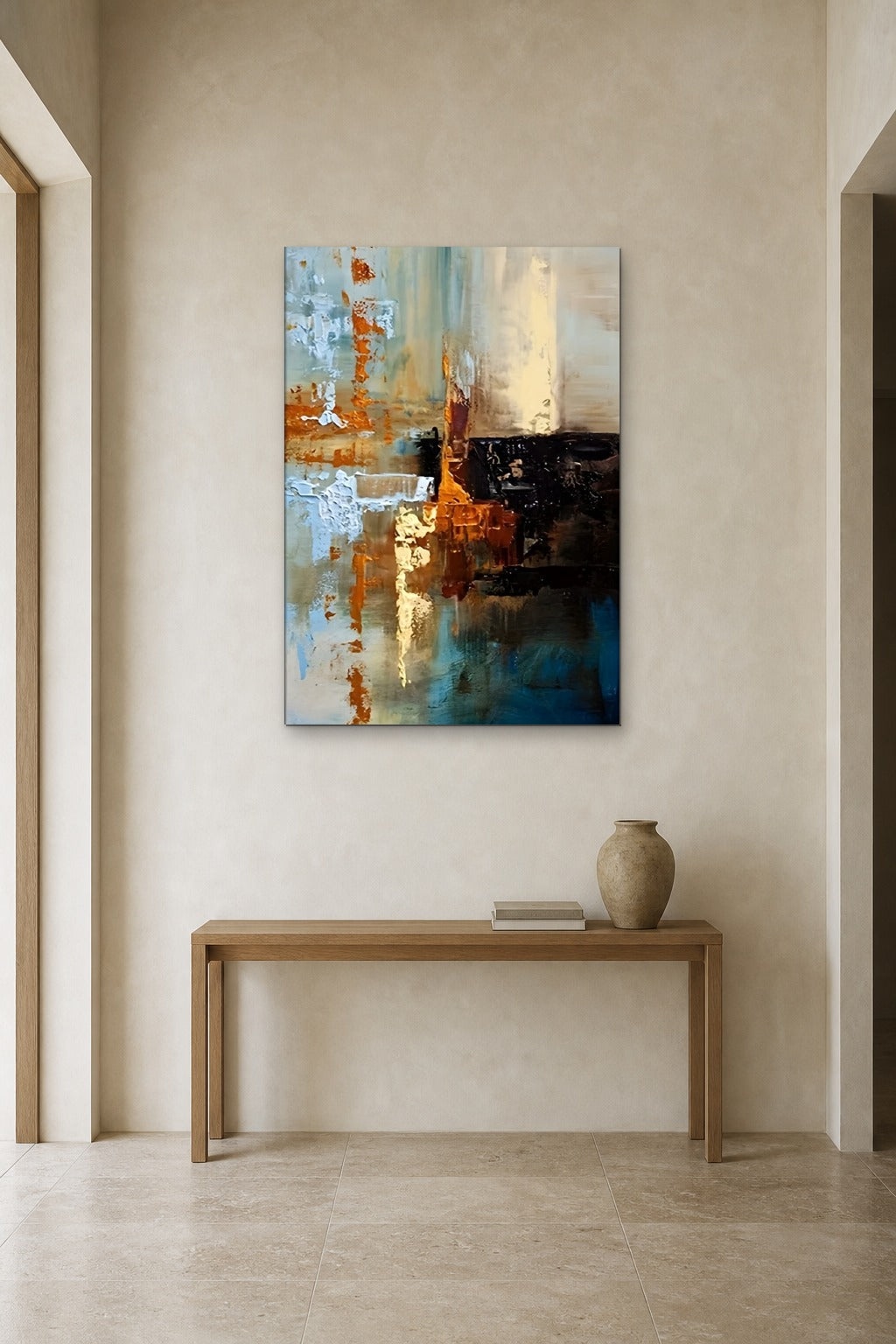 Copper and Sky shown at 90 × 130 cm above a 140 cm oak console