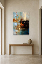 Copper and Sky shown at 90 × 130 cm above a 140 cm oak console