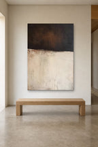 Dark Over Light shown at 120 × 180 cm above a 180 cm oak bench