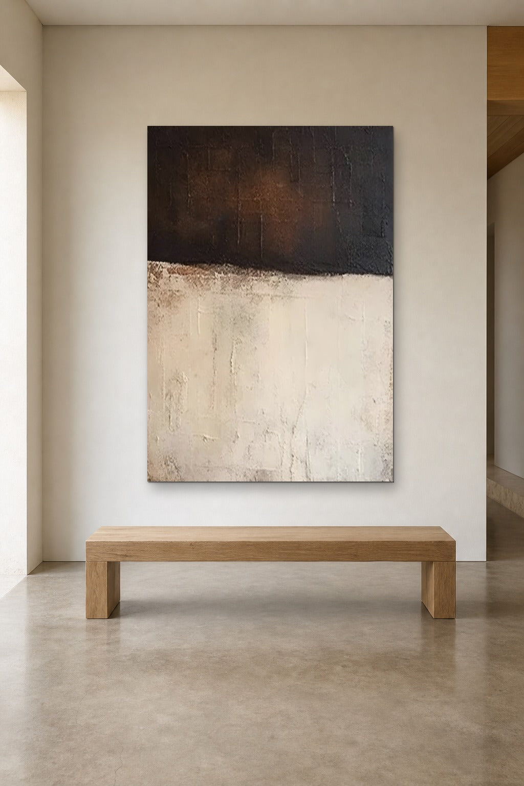 Dark Over Light shown at 120 × 180 cm above a 180 cm oak bench