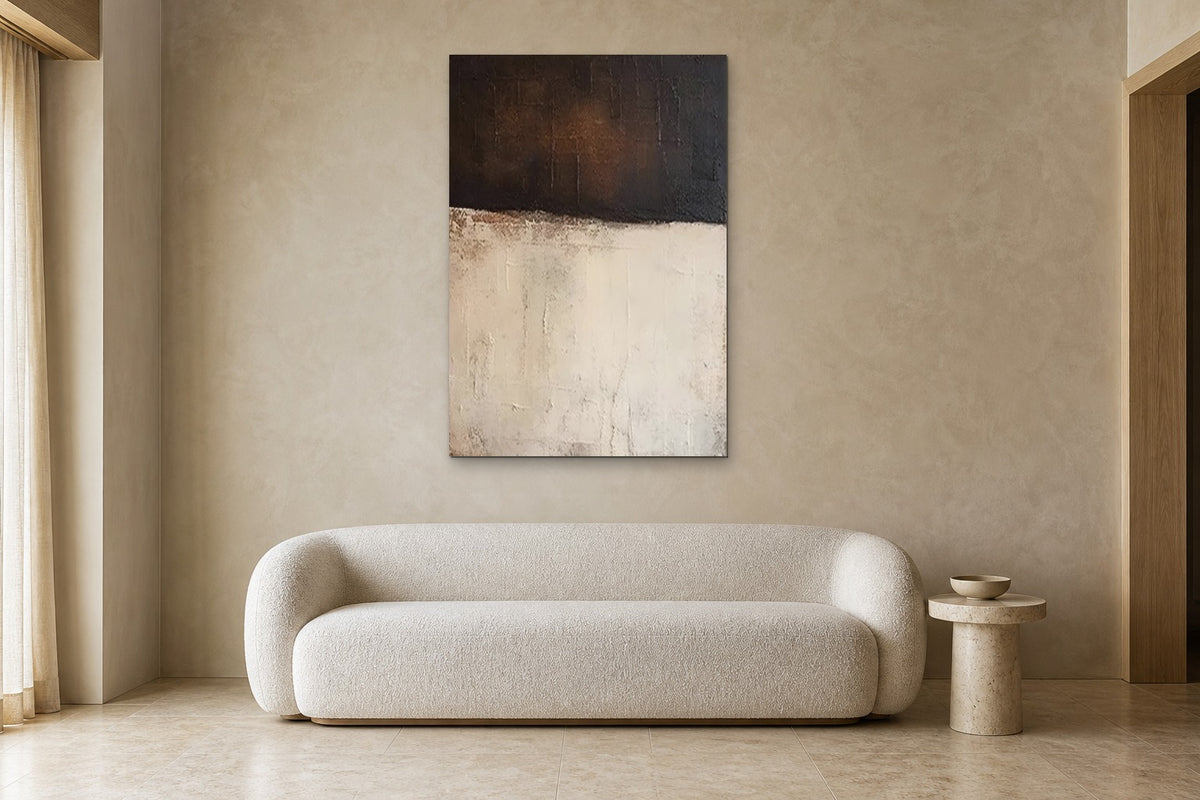 Dark Over Light shown at 90 × 130 cm above a 220 cm boucle sofa