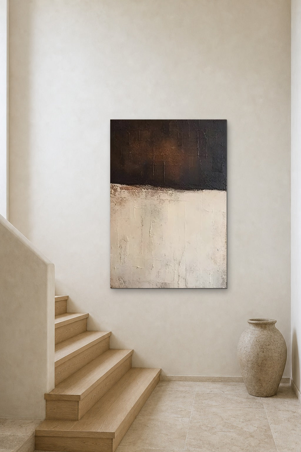 Dark Over Light shown at 90 × 130 cm above a stair landing