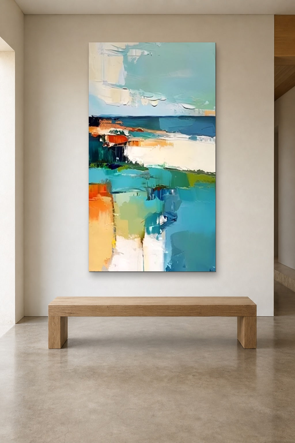 Seaside shown at 110 × 180 cm above a 180 cm oak bench