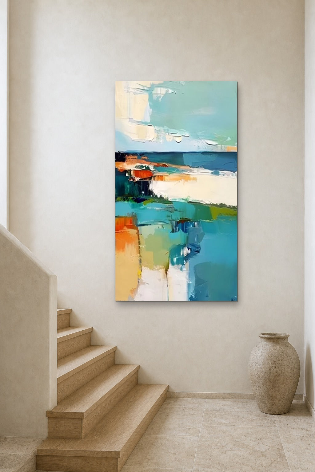 Seaside shown at 90 × 150 cm above a stair landing