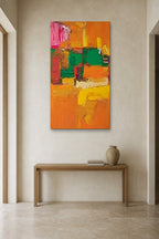 Orange Garden shown at 90 × 150 cm above a 140 cm oak console