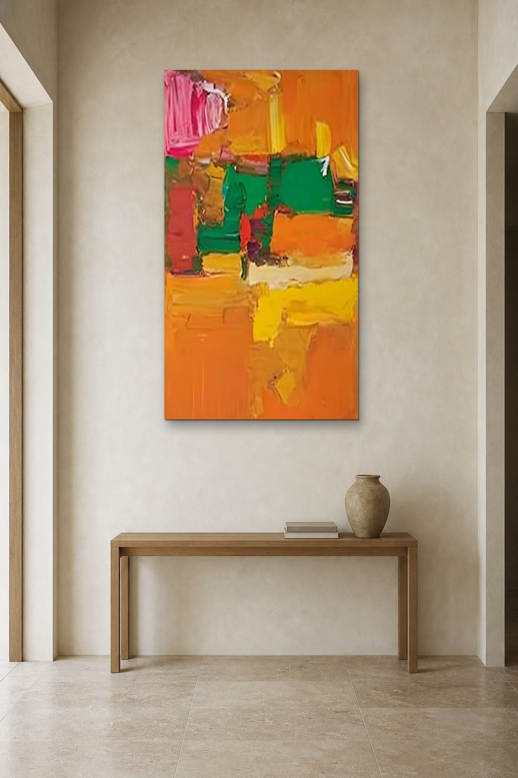 Orange Garden shown at 90 × 150 cm above a 140 cm oak console