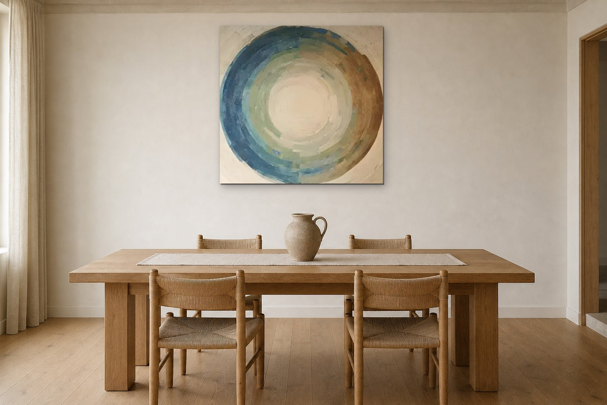 Blue Ring shown at 70 × 70 cm above a 200 cm oak dining table