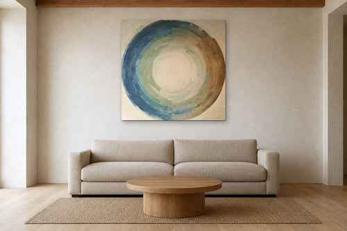 Blue Ring shown at 120 × 120 cm above a 240 cm linen sofa