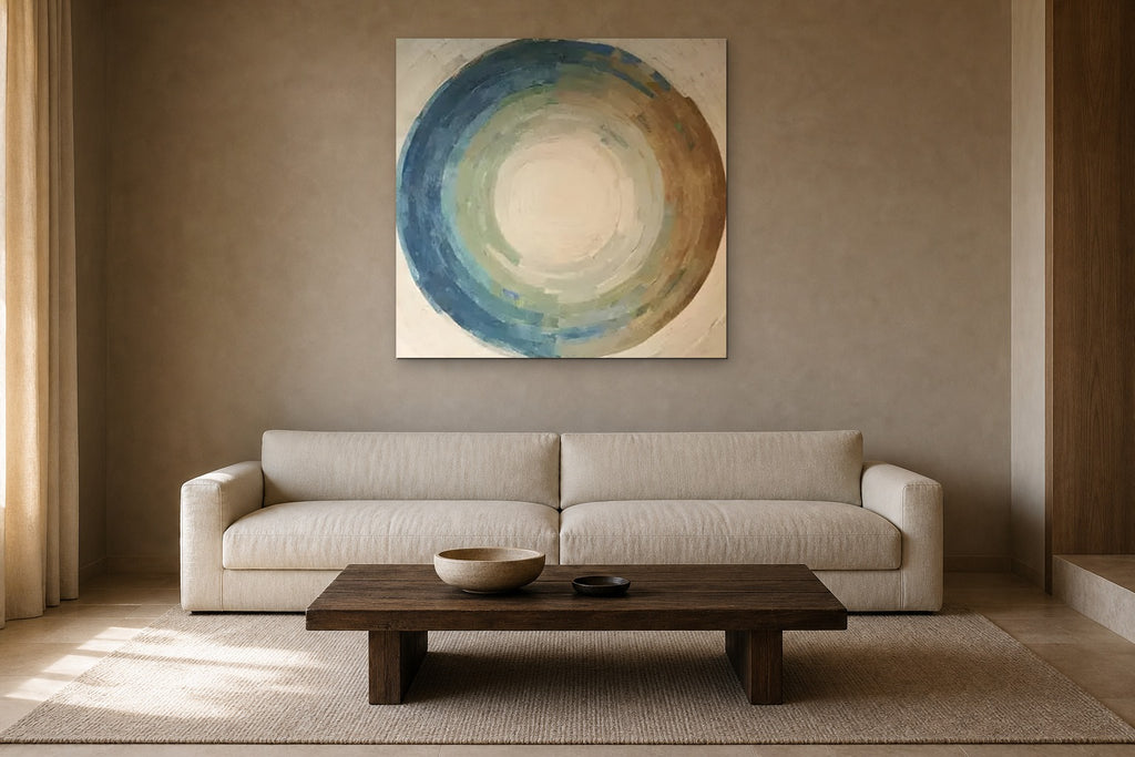 Blue Ring shown at 100 × 100 cm above a 230 cm linen sofa