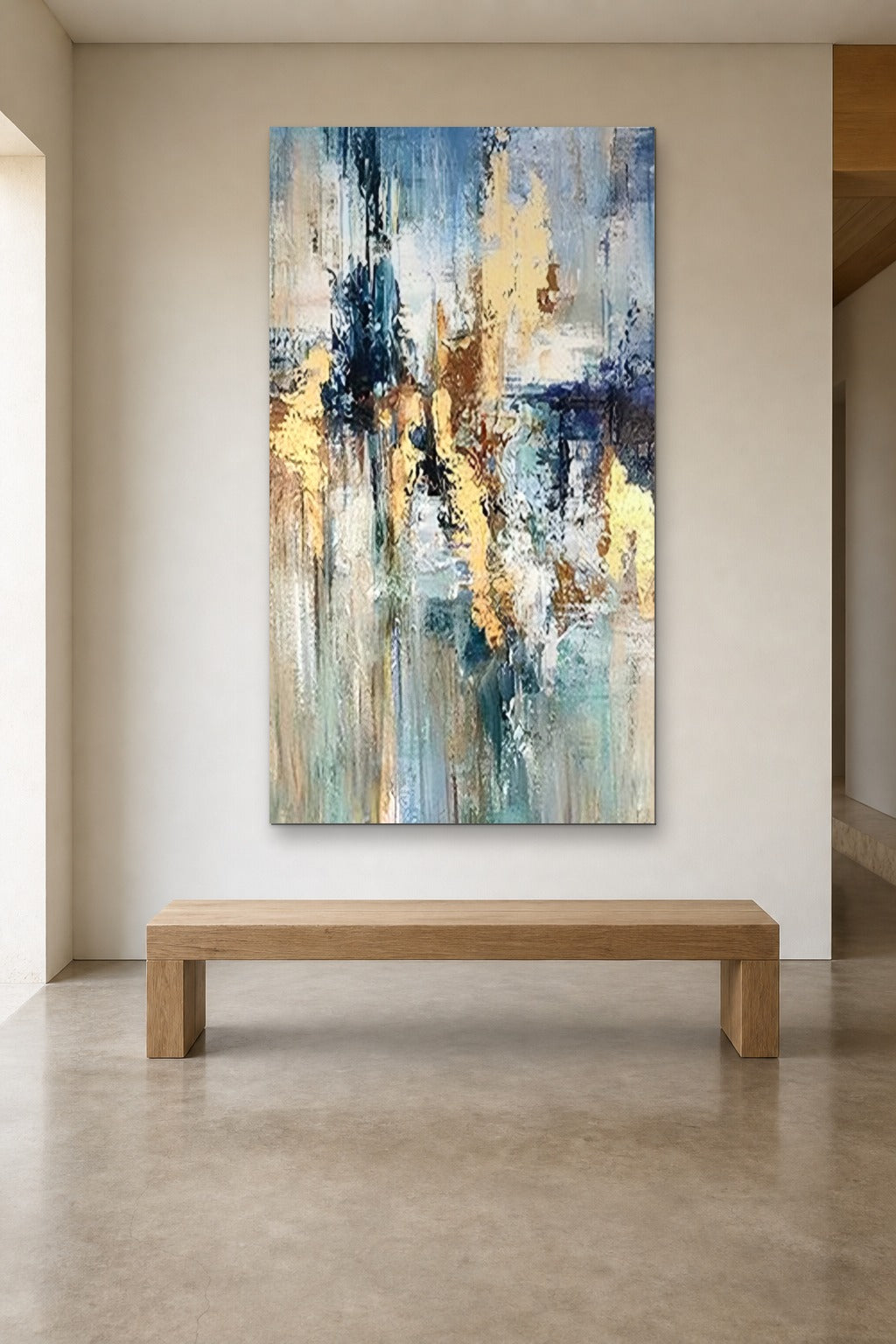 Gold and Indigo shown at 110 × 180 cm above a 180 cm oak bench