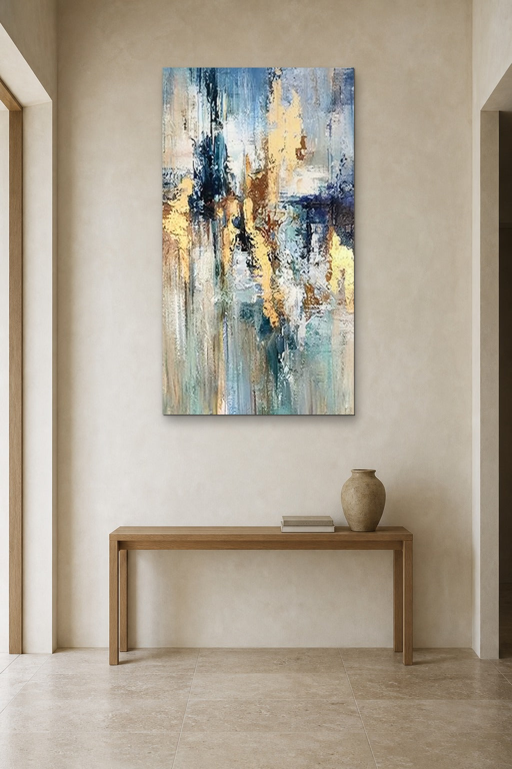 Gold and Indigo shown at 90 × 150 cm above a 140 cm oak console