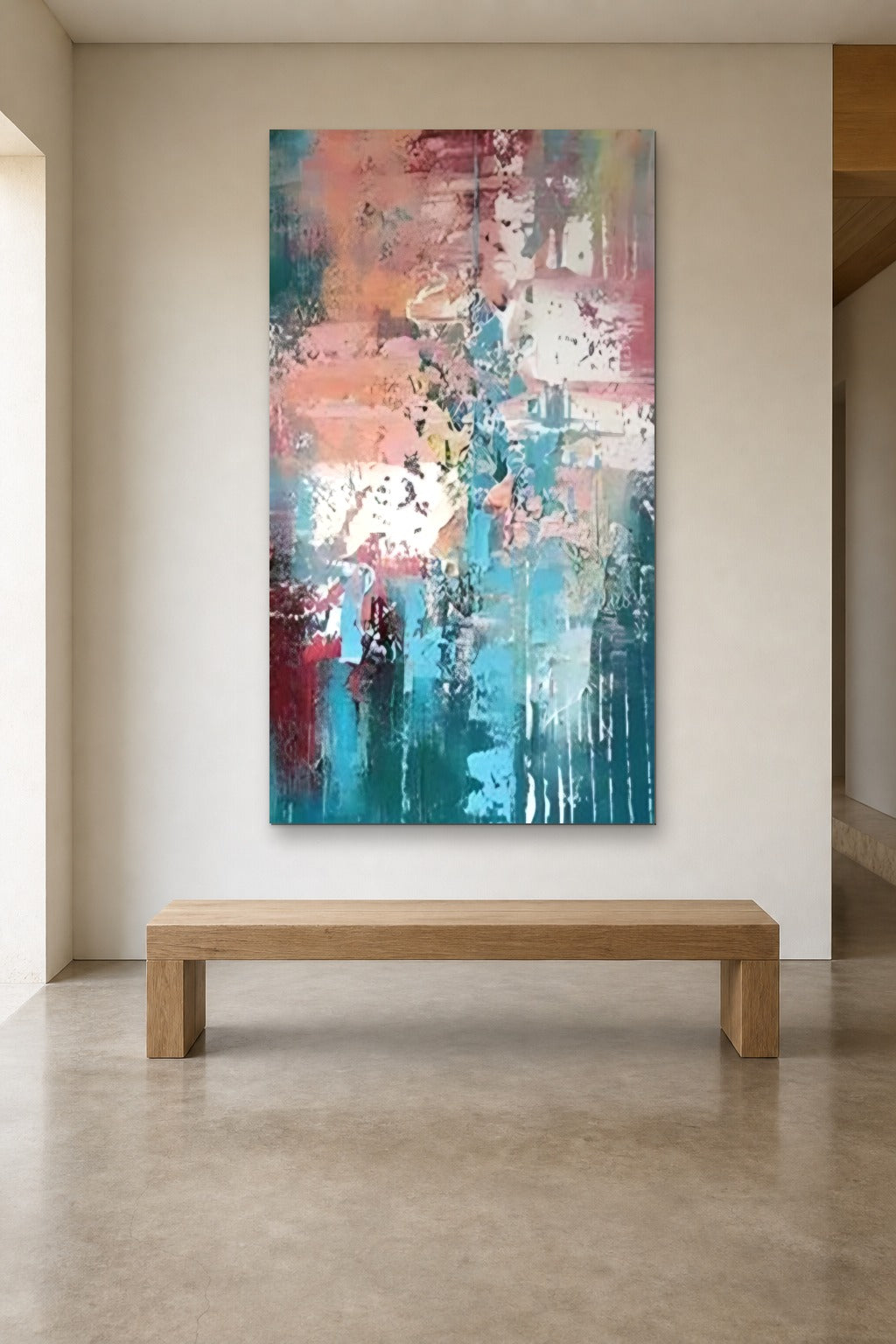 Coral Reef shown at 110 × 180 cm above a 180 cm oak bench